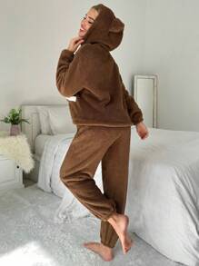 Thiết kế tai 3D Thả vai áo có mũ Bộ giản dị - màu nâu - Xem 2