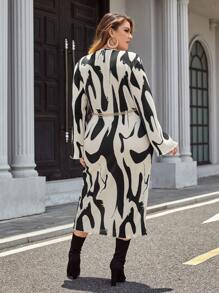 SHEIN Privé Plus Allover Print Lantern Sleeve Belted Dress - Black and White - View 2