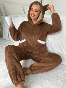 Thiết kế tai 3D Thả vai áo có mũ Bộ giản dị - màu nâu - Xem 4