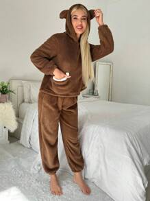 Thiết kế tai 3D Thả vai áo có mũ Bộ giản dị - màu nâu - Xem 5