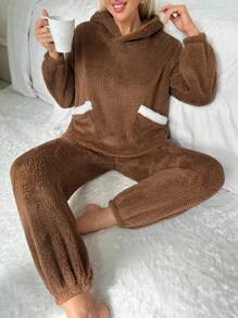 Thiết kế tai 3D Thả vai áo có mũ Bộ giản dị - màu nâu - Xem 6