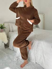 Thiết kế tai 3D Thả vai áo có mũ Bộ giản dị - màu nâu - Xem 7