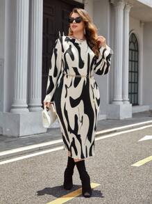 SHEIN Privé Plus Allover Print Lantern Sleeve Belted Dress - Black and White - View 6