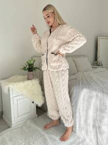 撞色滾邊法蘭絨休閒服套裝 - 杏色 - 查看 3