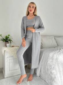 SHEIN X GiudiceGirls 羅紋針織純色女士家居服套裝 - 灰色 - 查看 5