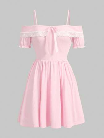 Kawaii Contrast Lace Cold Shoulder Bow Front Dress