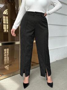 SHEIN Privé Plus Striped Print Split Hem Suit Pants - Black - View 1