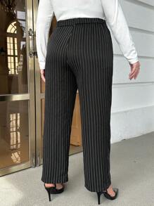 SHEIN Privé Plus Striped Print Split Hem Suit Pants - Black - View 2
