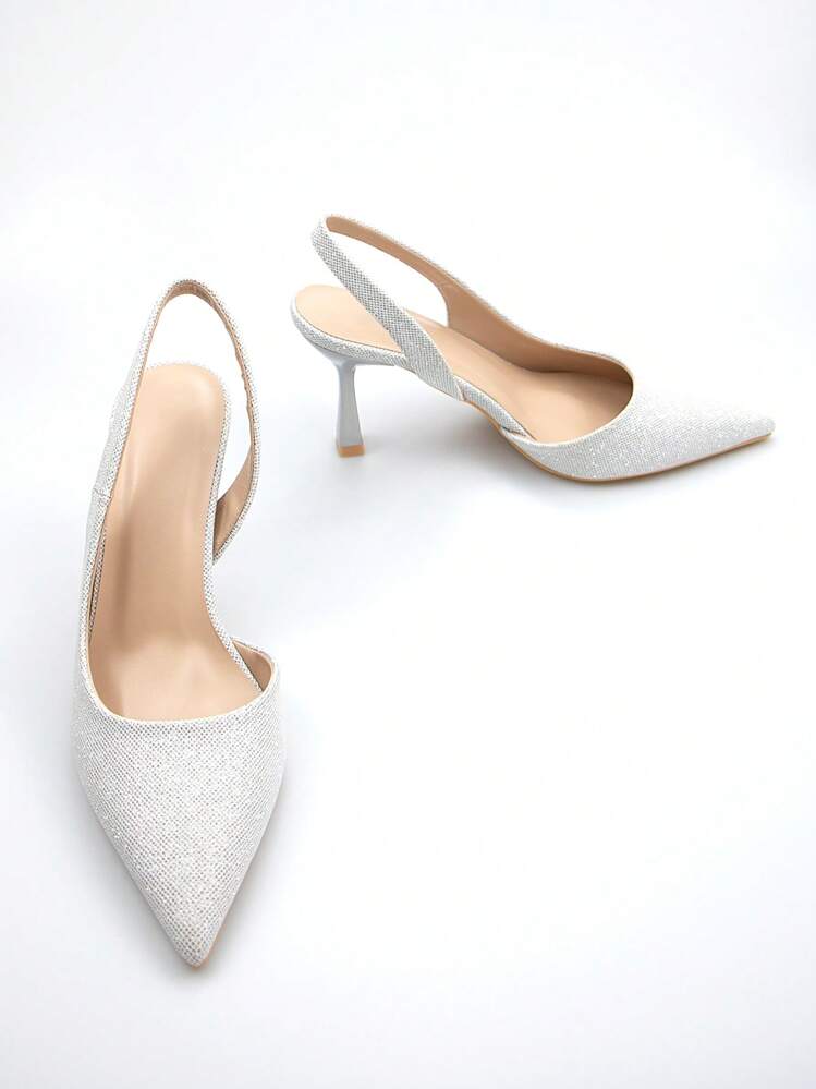 Fashionable And Minimalist Silver Glitter Pointed High Heels For Women - Silver - View 4