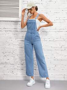 SHEIN EZwear Flap Pocket Denim Dungarees Without Cami Top - Light Wash - View 1