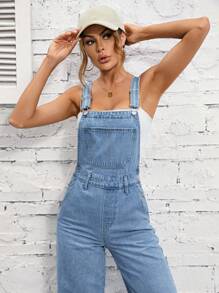 SHEIN EZwear Flap Pocket Denim Dungarees Without Cami Top - Light Wash - View 3