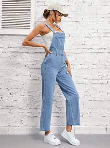 SHEIN EZwear Flap Pocket Denim Dungarees Without Cami Top - Light Wash - View 6