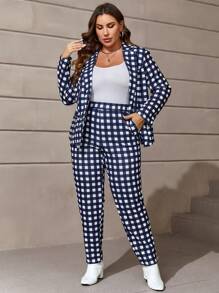 SHEIN Clasi 大碼格子圖案西裝外套和褲子不附吊帶上衣 - 黑與白 - 查看 3