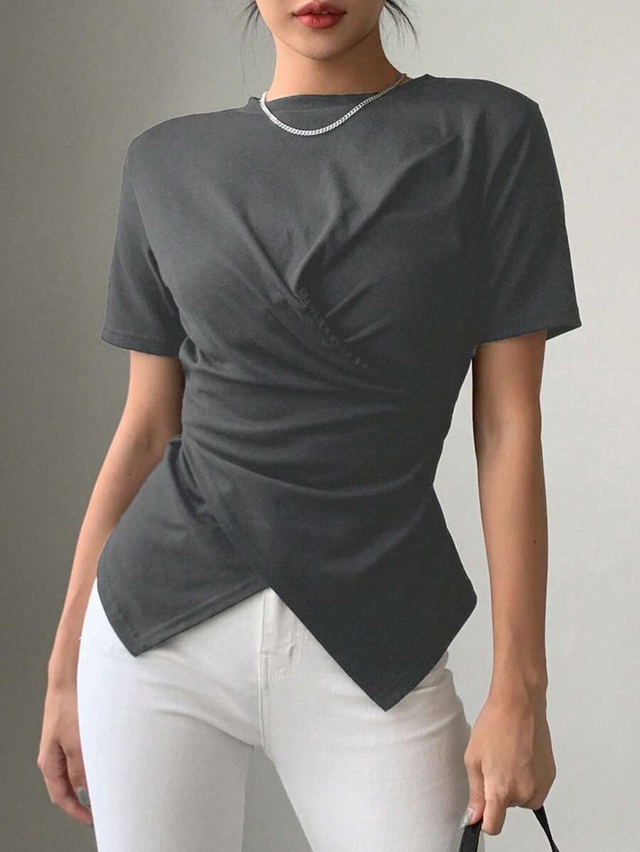 DAZY Solid Cross Wrap Asymmetrical Hem Tee - Dark Grey - View 1