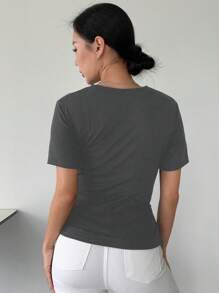DAZY Solid Cross Wrap Asymmetrical Hem Tee - Dark Grey - View 2