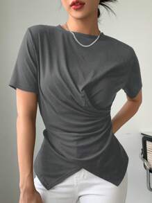 DAZY Solid Cross Wrap Asymmetrical Hem Tee - Dark Grey - View 3