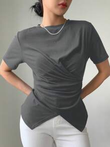 DAZY Solid Cross Wrap Asymmetrical Hem Tee - Dark Grey - View 4