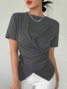 DAZY Solid Cross Wrap Asymmetrical Hem Tee - Dark Grey - View 5