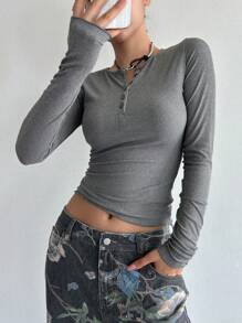 DAZY Half Button Lettuce Trim Crop Tee Long Sleeve Women Tops - Grey - View 2