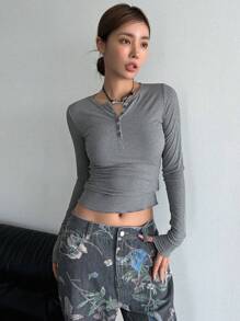 DAZY Half Button Lettuce Trim Crop Tee Long Sleeve Women Tops - Grey - View 3