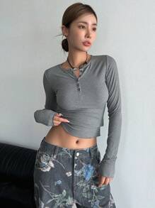 DAZY Half Button Lettuce Trim Crop Tee Long Sleeve Women Tops - Grey - View 4