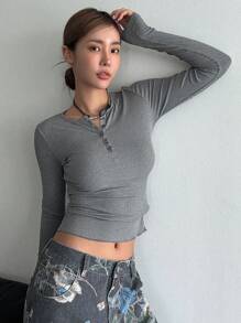 DAZY Half Button Lettuce Trim Crop Tee Long Sleeve Women Tops - Grey - View 5