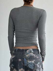 DAZY Half Button Lettuce Trim Crop Tee Long Sleeve Women Tops - Grey - View 6