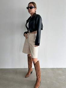 DAZY 斜口袋百慕大牛仔短褲 - 米色 - 查看 4