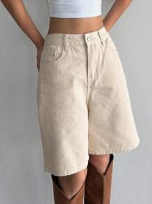 DAZY 斜口袋百慕大牛仔短褲 - 米色 - 查看 5