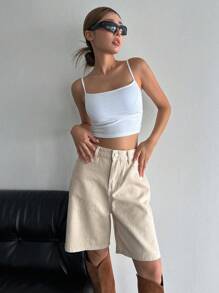 DAZY 斜口袋百慕大牛仔短褲 - 米色 - 查看 7
