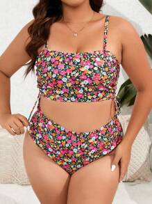 SHEIN Swim Curve Plus Size Floral Print Drawstring Side Bikini Set Summer Beach - Multicolor - View 1