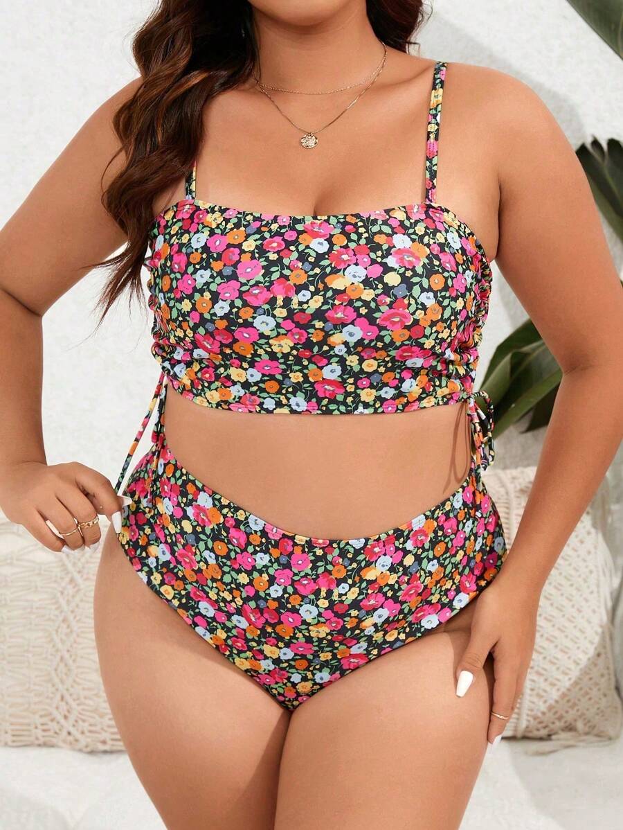SHEIN Swim Curve Plus Size Floral Print Drawstring Side Bikini Set Summer Beach - Multicolor - View 1