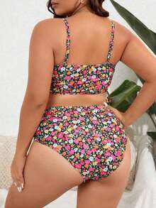 SHEIN Swim Curve Plus Size Floral Print Drawstring Side Bikini Set Summer Beach - Multicolor - View 2