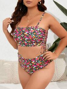SHEIN Swim Curve Plus Size Floral Print Drawstring Side Bikini Set Summer Beach - Multicolor - View 3
