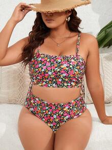 SHEIN Swim Curve Plus Size Floral Print Drawstring Side Bikini Set Summer Beach - Multicolor - View 4