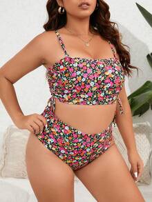 SHEIN Swim Curve Plus Size Floral Print Drawstring Side Bikini Set Summer Beach - Multicolor - View 5