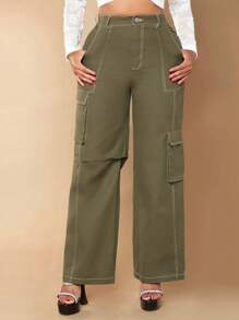 SHEIN SXY 休閒口袋 拉鍊 鈕扣純色女士長褲 - 軍綠色 - 查看 1