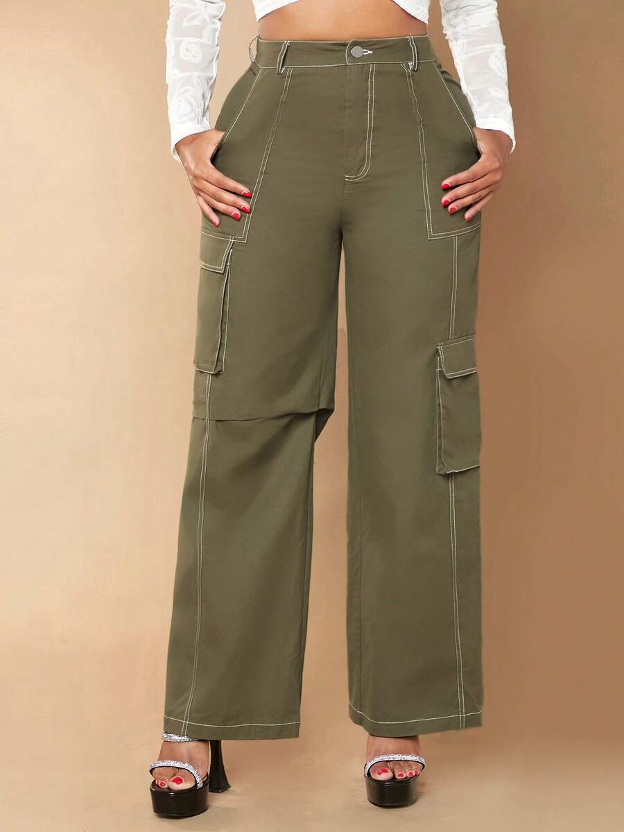 SHEIN SXY 休閒口袋 拉鍊 鈕扣純色女士長褲 - 軍綠色 - 查看 1