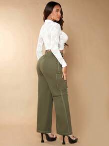 SHEIN SXY 休閒口袋 拉鍊 鈕扣純色女士長褲 - 軍綠色 - 查看 2