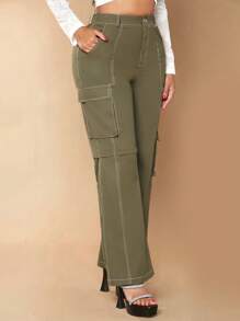 SHEIN SXY 休閒口袋 拉鍊 鈕扣純色女士長褲 - 軍綠色 - 查看 3