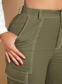 SHEIN SXY 休閒口袋 拉鍊 鈕扣純色女士長褲 - 軍綠色 - 查看 5