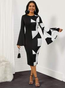 SHEIN Lady Geo Print Trumpet Sleeve Bodycon Dress - Black and White - View 1