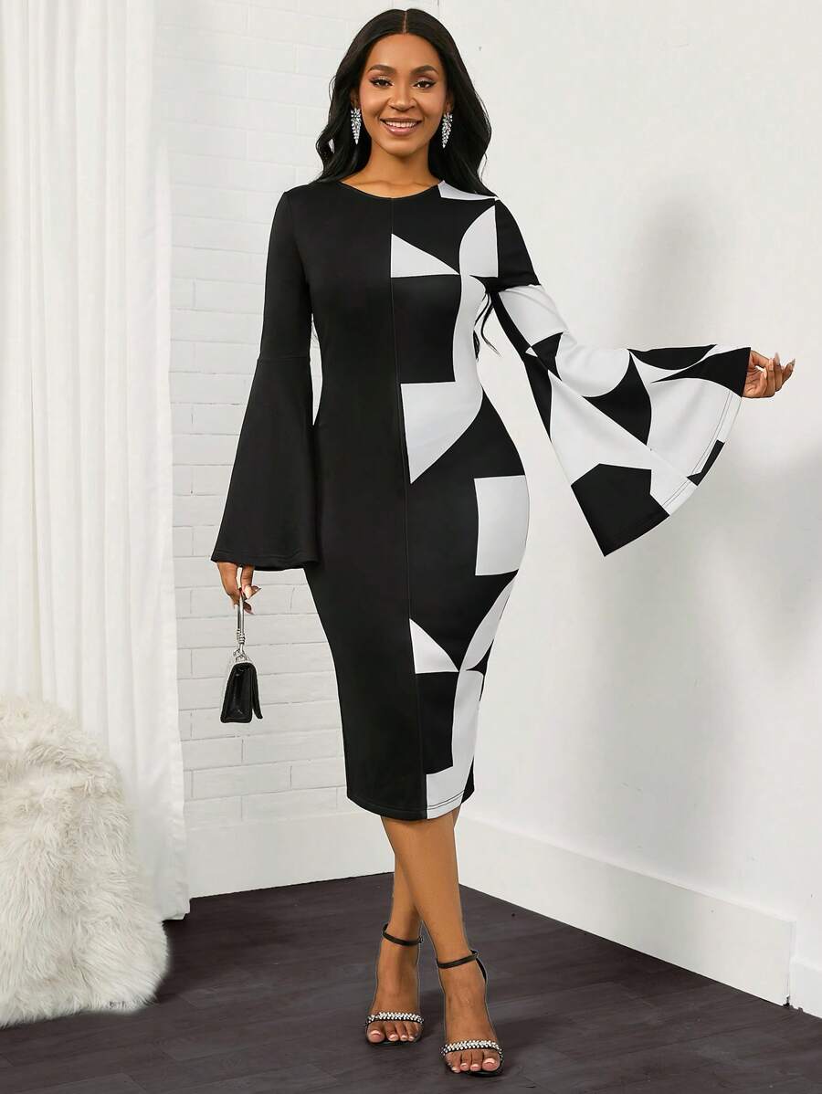 SHEIN Lady Geo Print Trumpet Sleeve Bodycon Dress - Black and White - View 1