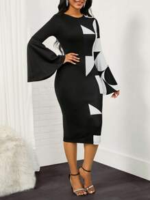 SHEIN Lady Geo Print Trumpet Sleeve Bodycon Dress - Black and White - View 3