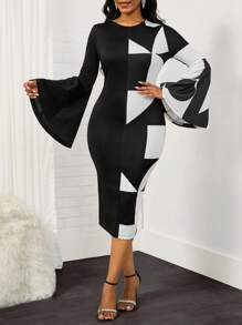SHEIN Lady Geo Print Trumpet Sleeve Bodycon Dress - Black and White - View 5