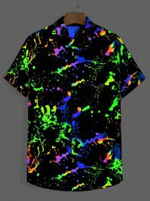 Manfinity VCAY Camicia a maniche corte con bottoni riflettente per uomo con stampa splash di inchiostro, camicia colorata a graffito glitterata