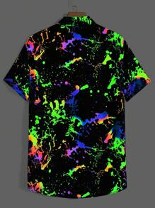 Manfinity VCAY Camicia a maniche corte con bottoni riflettente per uomo con stampa splash di inchiostro, camicia colorata a graffito glitterata
