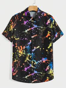 Manfinity VCAY Camicia a maniche corte con bottoni riflettente per uomo con stampa splash di inchiostro, camicia colorata a graffito glitterata