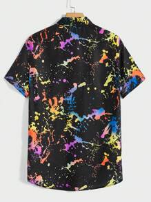 Manfinity VCAY Camicia a maniche corte con bottoni riflettente per uomo con stampa splash di inchiostro, camicia colorata a graffito glitterata