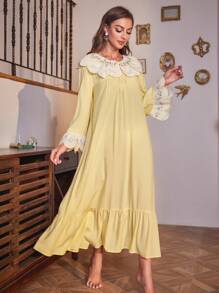 PalaceNights Floral Embroidery Ruffle Hem Long Sleep Nightdress Luxe Loungewear, Moo Moo Sleep Dress Cozy And Elegant Details, For Fall & Winter - Yellow - View 1